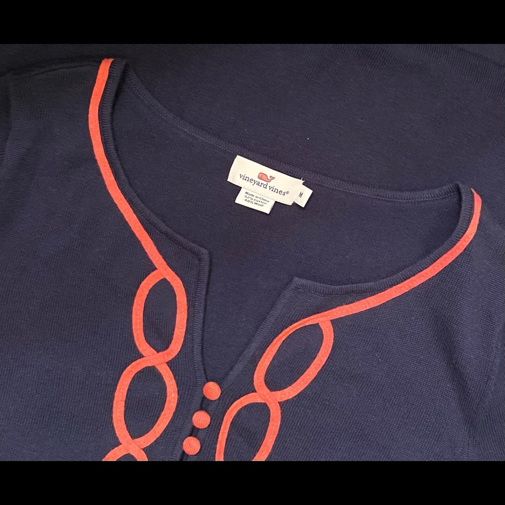 Vineyard Vines Navy Sweater Long Sleeve Pink Wool Cotton V Neck Button Size M.
